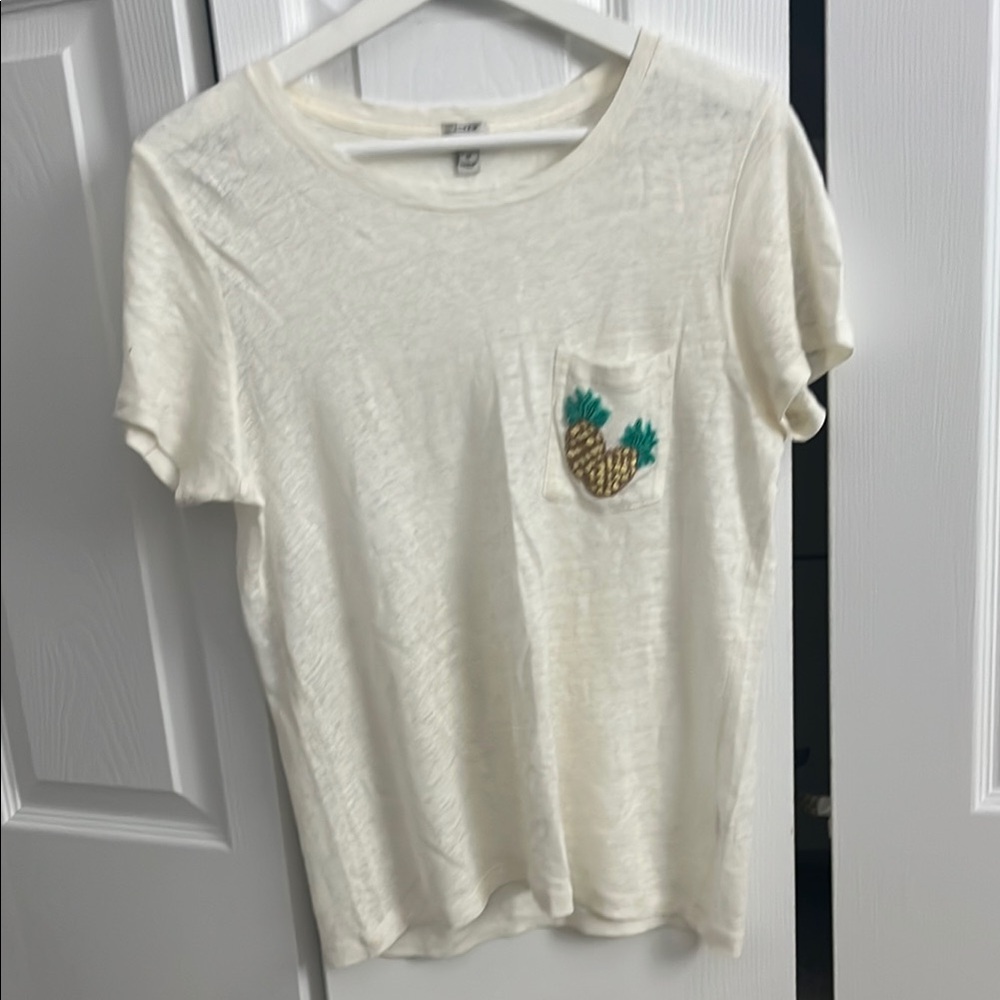 JCrew Linen Cream T-Shirt with Pineapple Embroidery
